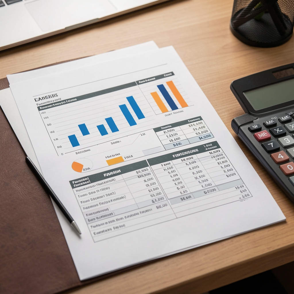 Primer plano de gráficos y tablas de estados financieros impresos sobre un escritorio junto a una calculadora