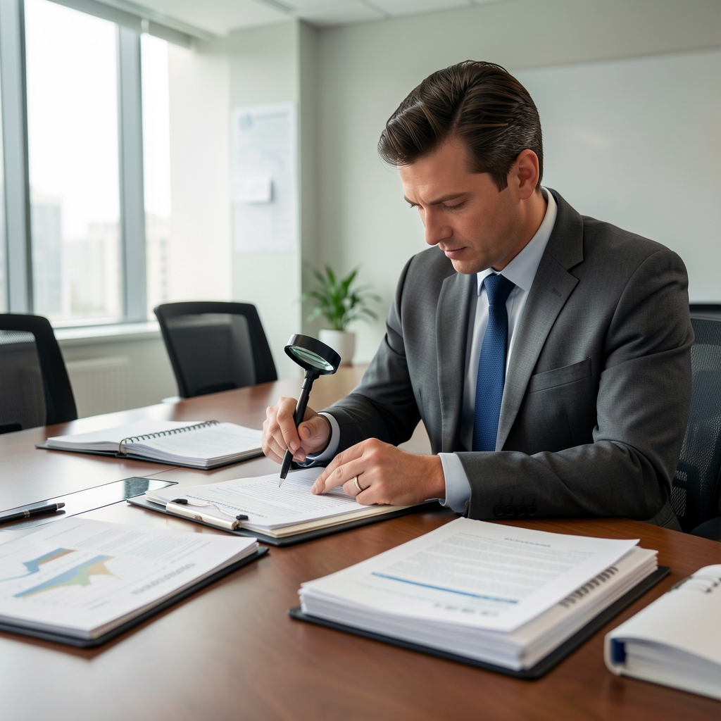 Auditor revisando carpetas de documentación contable con lupa sobre una mesa de reuniones