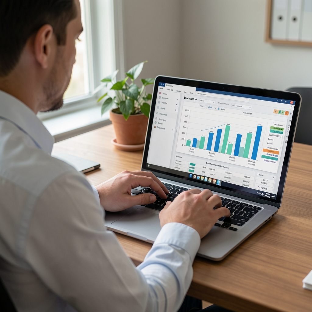 Persona utilizando software de contabilidad en una computadora portátil con gráficos de ingresos en pantalla