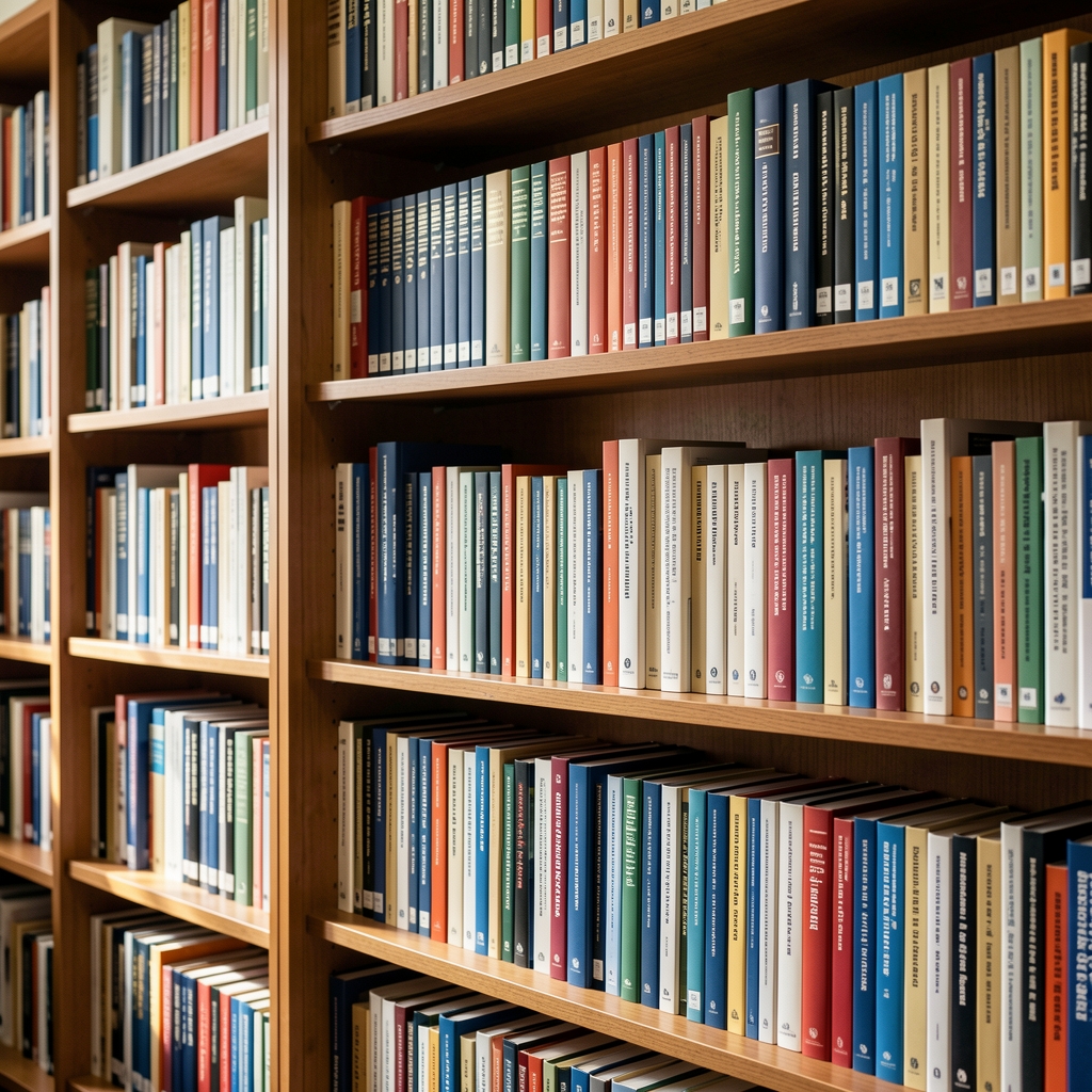 Biblioteca de libros técnicos de contabilidad y finanzas ordenados en un estante de madera