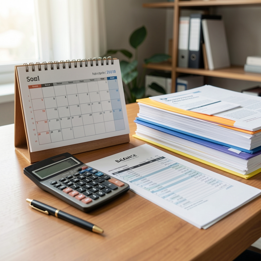 Escritorio de contabilidad con calendario, calculadora y carpetas de balance durante el cierre de ejercicio anual