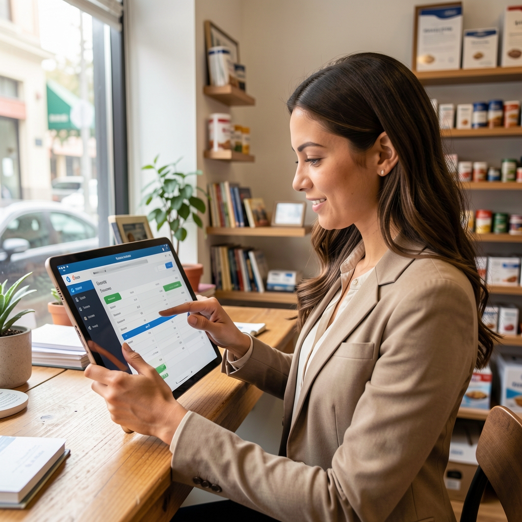 Emprendedora de una pyme revisando un panel de control contable digital en una tablet dentro de un pequeño local comercial