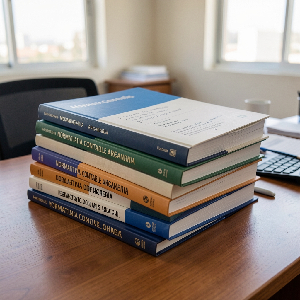 Carpetas y libros de normativa contable argentina apilados sobre un escritorio de oficina con anotaciones