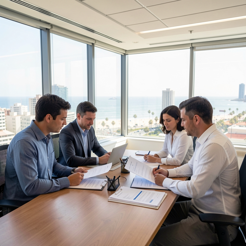 Equipo de trabajo revisando informes contables en una oficina con vista a ventanas amplias en Mar del Plata