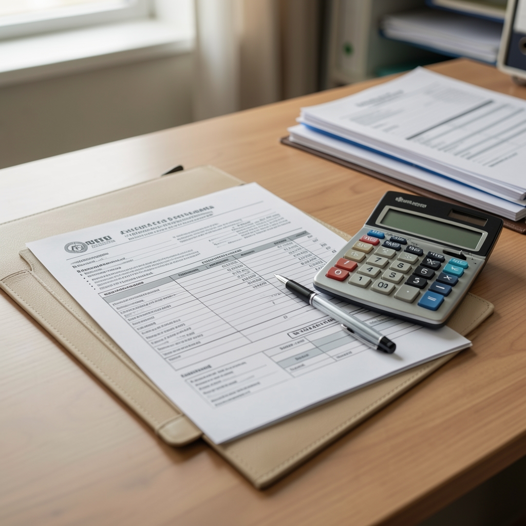 Escritorio de oficina contable con formularios impositivos argentinos, calculadora y bolígrafo sobre carpeta beige