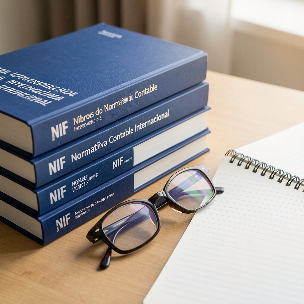 Libros de normativa contable internacional NIIF apilados junto a anteojos y una libreta de apuntes