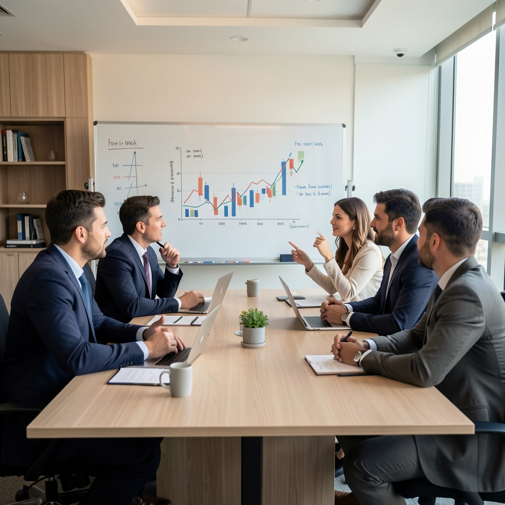 Equipo de profesionales contables debatiendo frente a una pizarra con gráficos financieros en una sala de reuniones moderna