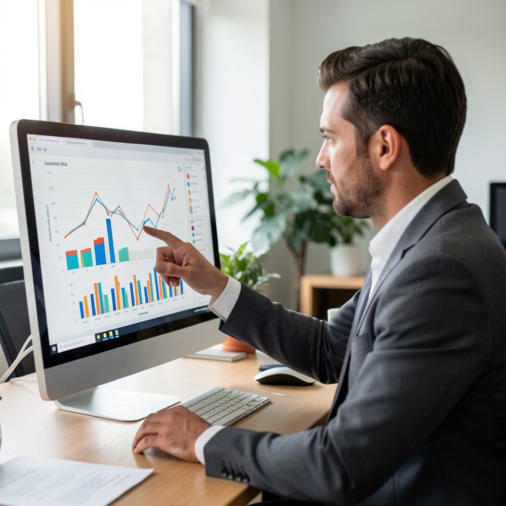 Analista financiero señalando gráficos de barras y líneas en una pantalla de computadora en una oficina