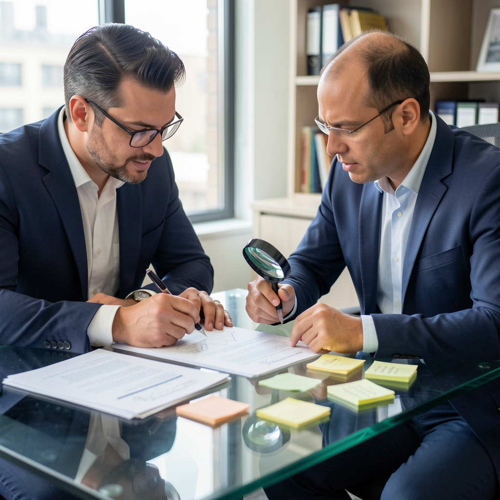 Dos profesionales revisando planillas de auditoría con lupa y notas adhesivas sobre una mesa de vidrio