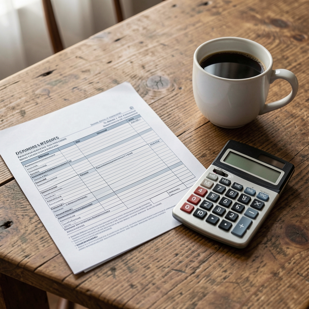 Formularios de impuestos argentinos y calculadora sobre un escritorio de madera junto a una taza de café