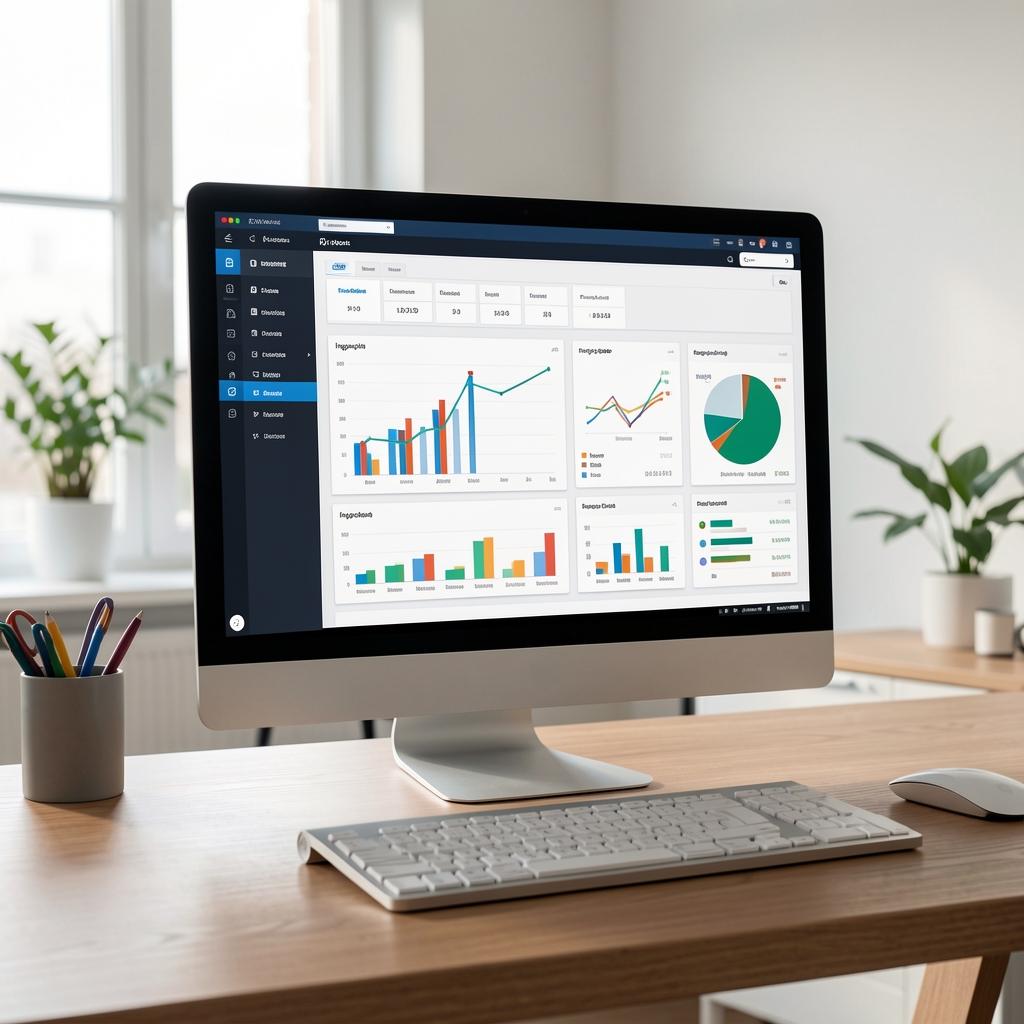 Pantalla de software de gestión contable con gráficos de ingresos y gastos sobre un escritorio moderno